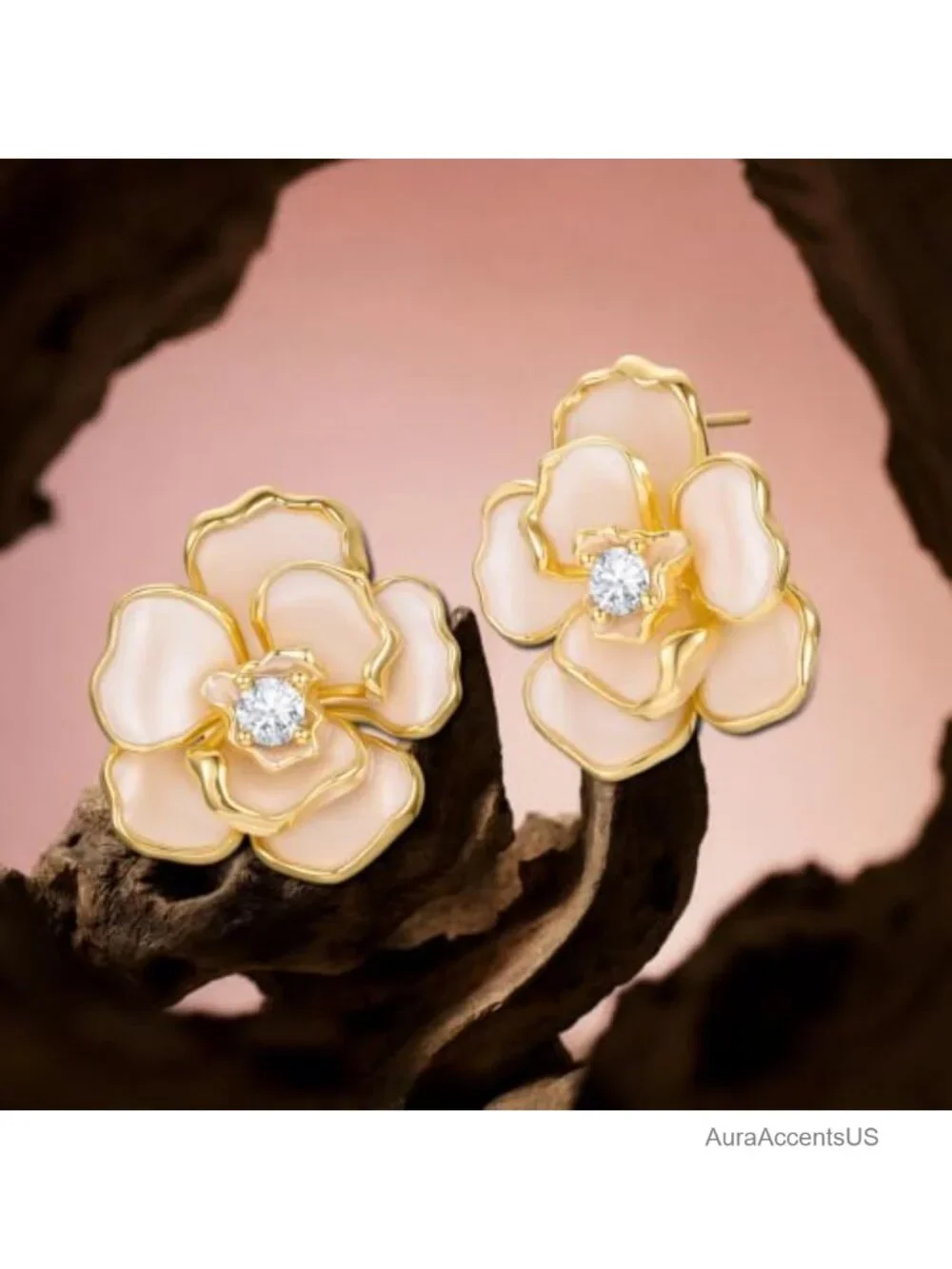18k Gold Plated Enamel Flower Stud Earrings Cubic Zirconia